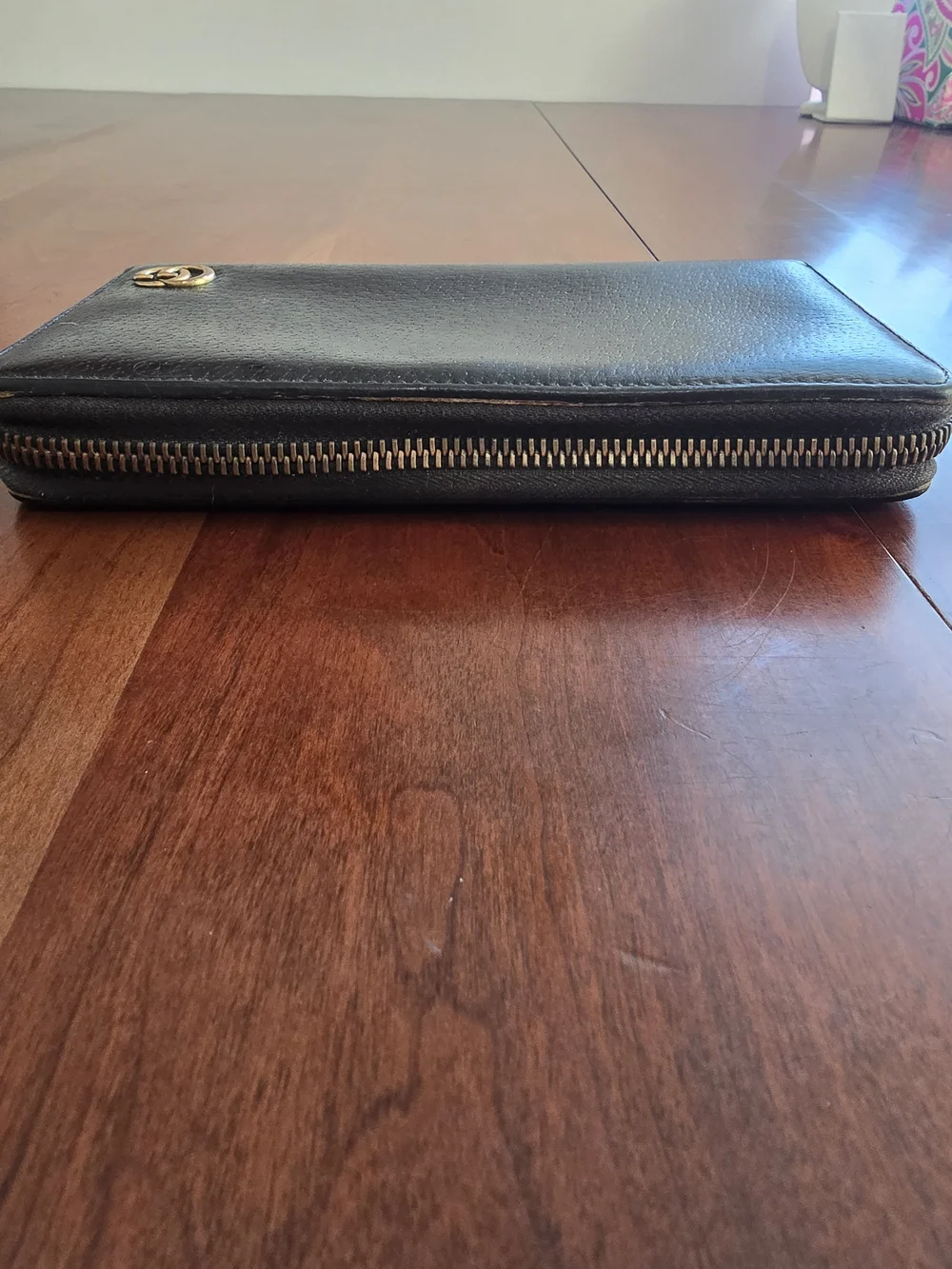 Genuine Gucci Marmont Black Leather Zip Around Wallet with Gold GG Logo, EUC